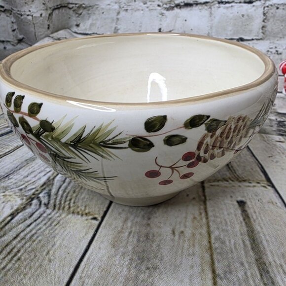 Home Holiday Pine Cone Bowl Red Green Brown on Cream 5.5" - Picture 4 of 6